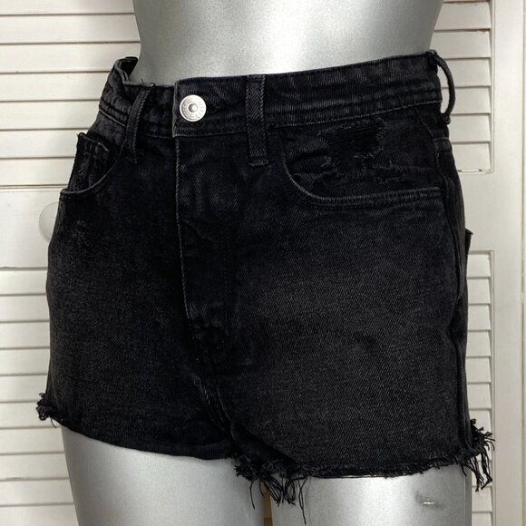 H&M &DENIM High Waist Shorts - Faded Black Denim Cut-Offs Distressed 4 XS 34 - Picture 2 of 5